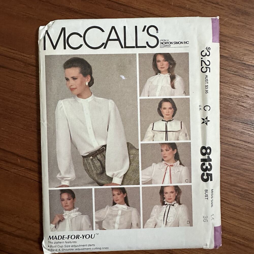 UNCUT McCall's 8135 VTG 80s Misses' Modest Blouse & Collars Sz 14 Pattern